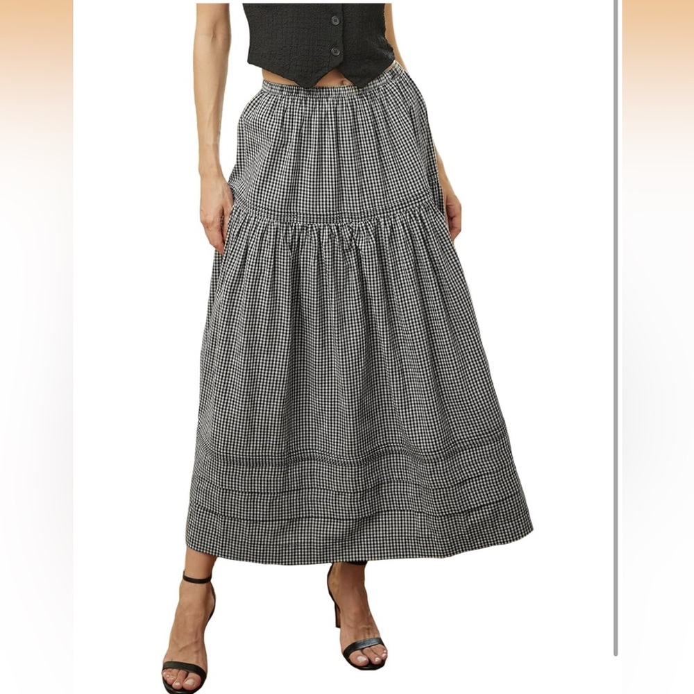 Long White Cotton A-Line Lace Trim Pintuck Tier Skirt Gingham Maxi Skirt